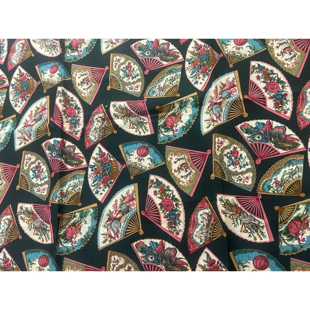 Vintage Cranston Print Works Fabric Hand Fans Floral Black 35 x 45.5